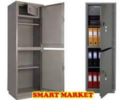 Бухгалтерский металлический шкаф с двумя секциями- 2 двери, 2 полки и трейзер